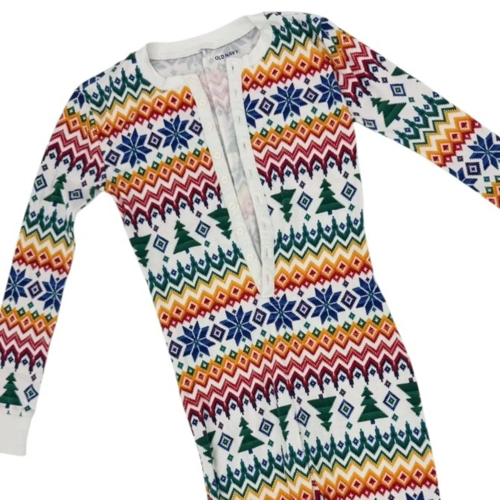 Old Navy One Piece Pajama White Fair Isle Button Up Holiday Loungwear